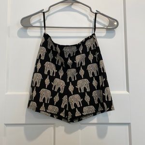 Joyce black fabric shorts with cream elephant pattern